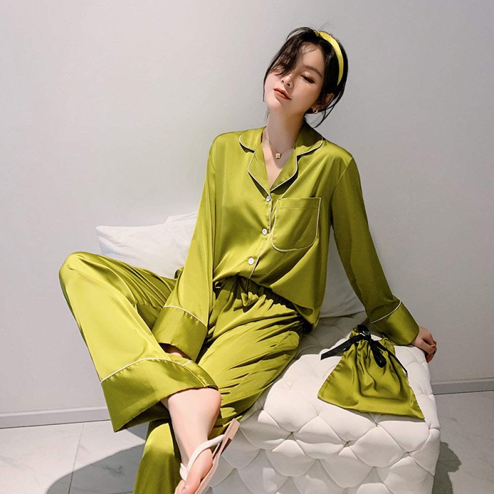 YUHOOE Pijamas De Mujer,Conjuntos De Pijamas Sexy De Satén De Seda para Mujeres Pijamas De Manga Larga De Lujo Europeo Ropa De Dormir Pijama con Botones 2 Piezas Pijama con Bolsa,Verde,L