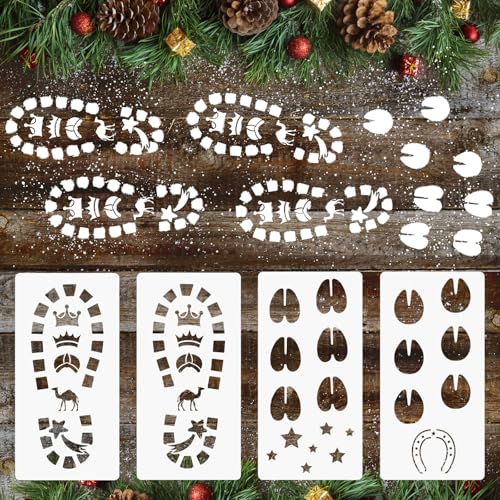 BOFUNX 4pcs Plantillas de Huellas Reyes Magos y Camellos Huellas de Botas de Reyes Magos Camello Reutilizables Plantillas Navideñas Decoración para Navidad Día de Reyes