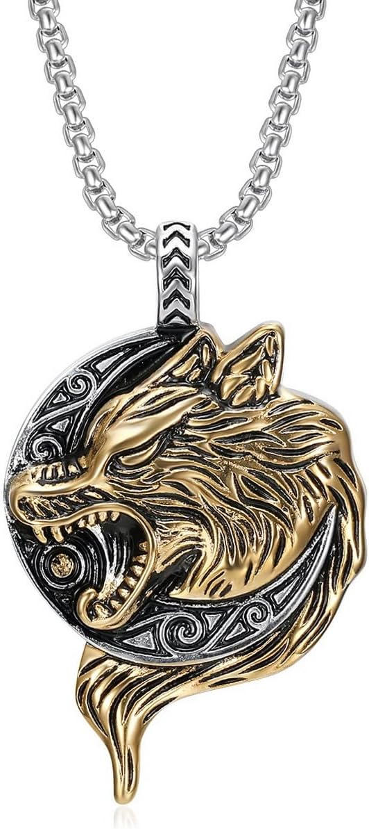 Stainless Steel Viking Wolf Necklace for Men – Gold Silver Two-Tone Animal Head Pendant with 60cm Chain, Punk Gothic Hip Hop Rapper Rock Jewelry