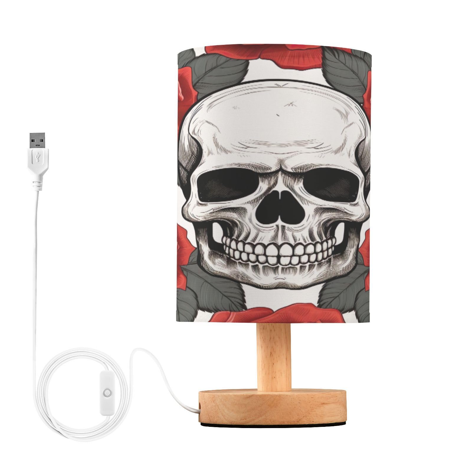 SDMKA Skulls with Red Roses Bedside Table Lamp for Bedroom, Minimalist Nightstand Lamp with Round Fabric Shade for Living Room, Office, No Bulb Required