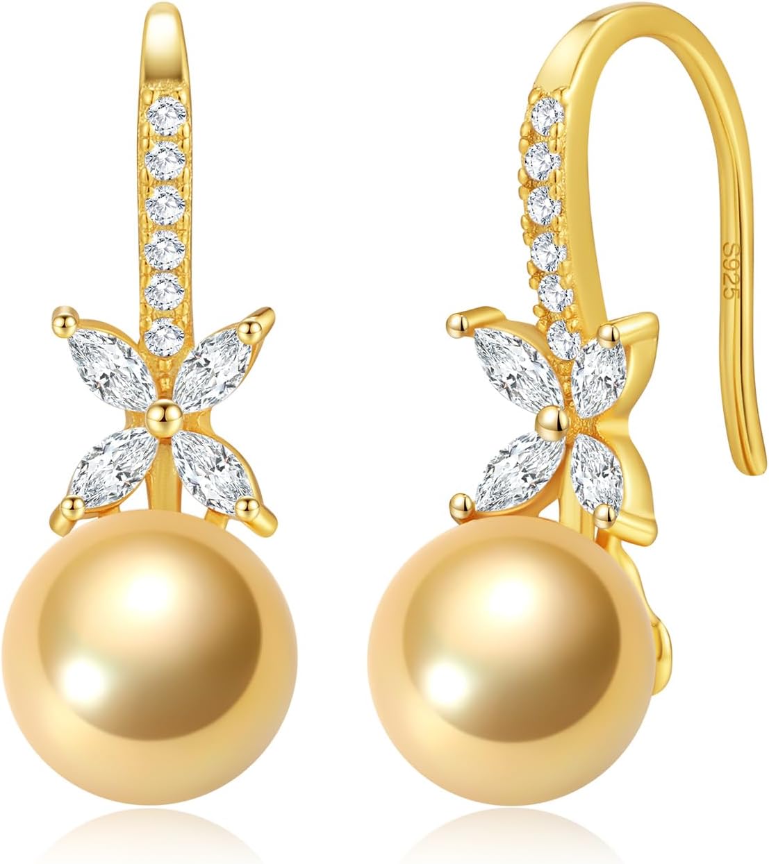 Pearl Drop Earrings for Women - 925 Sterling Silver 18k Gold Plated Hypoallergenic White/Black/Blue/Golden/Purple Freshwater/Saltwater Cultured Pearls Ear Hook Earrings with Cubic Zirconia