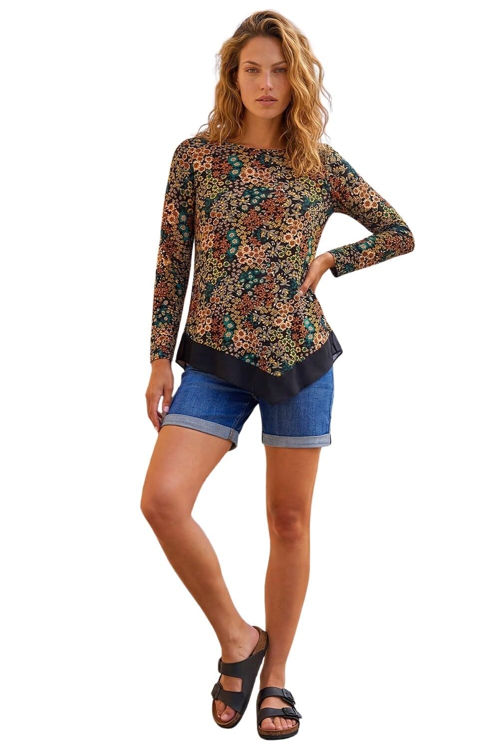 Roman Originals Chiffon Hem Top for Women UK - Ladies Asymmetric Hemline Stretchy Blouse Summer Spring Evening Vacation Work Holiday Short & Long Sleeve Smart Casual - Teal Multi - Size 14