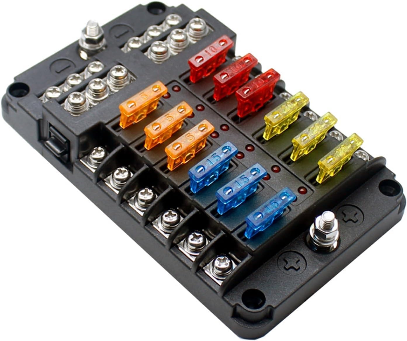 6 Ways 12 Ways Blade Fuse Block 12V 32V Fuse Box Holder M5 Stud with LED Indicator Light for Auto Car Marine