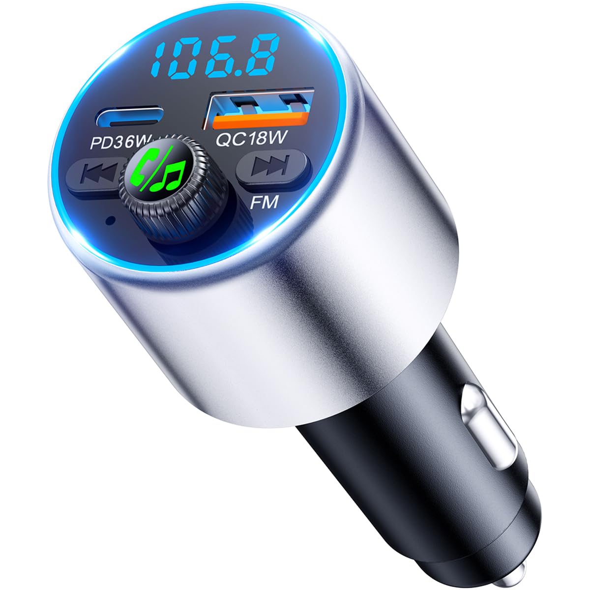 EOIWUY Aufgerüsteter Bluetooth Adapter Auto, [Schnellladung] FM Transmitter Auto Bluetooth 5.3 mit PD36W & QC3.0 18W, [HiFi-Kristallklarem Sound] Freisprechanlage KFZ Ladegerät GPS-Module