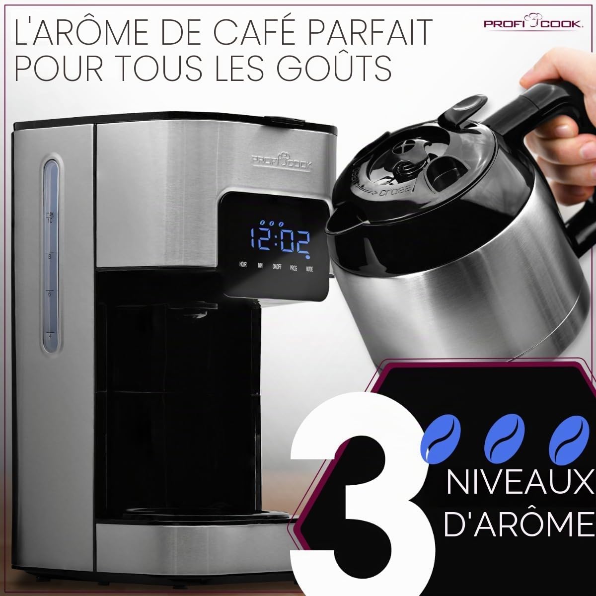 Profi Cook Machine à café avec thermos - avec minuterie pour un café frais le matin - Thermos à double paroi avec fermeture aromatique, Machine à café filtre en acier inoxydable PC-KA 1191