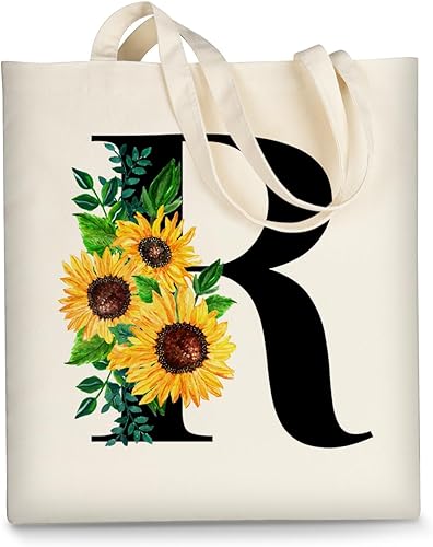 AUSVKAI Bolsa de lona estética para mujer, lindas bolsas de girasol con iniciales de moda con asa para comestibles