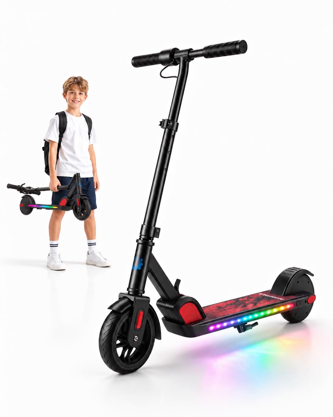 Caroma Electric Scooter for Children from 6-12 Years, 150 W Motor up to 16 km/h E Scooter, Foldable E Scooter with Colourful Lights and LED Display, 80 Minutes Driving Time, Adjustable Speed and
