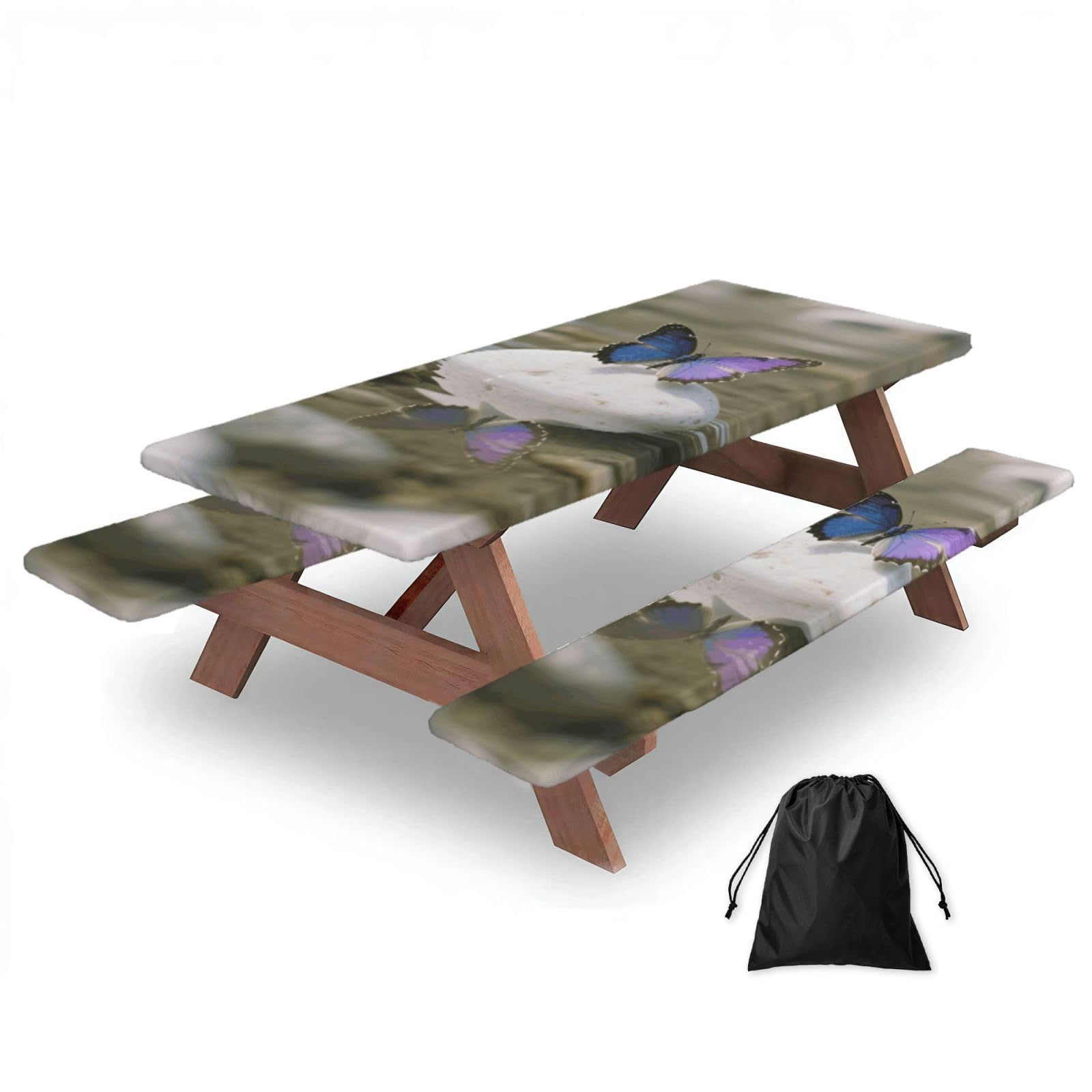 FekiLoot Pebbles and Butterfly Picnic Table Cover with Bench Covers and Bag, Windproof Waterproof Rectangle Tablecloth with Elastic Edges Fitted Camping Table Covers for Picnic Party Travel