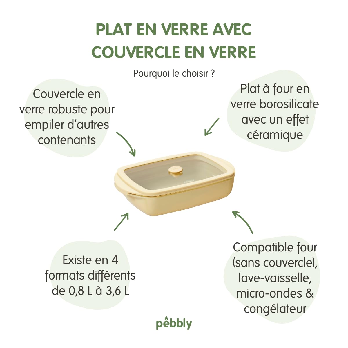 PEBBLY - Plat à Four Rectangle en Verre et son couvercle en Verre - 3,6 L