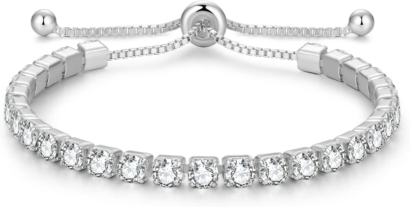 Valentines Day Gifts Sterling Silver Birthstone Tennis Bracelets for Women 4mm Tennis Bolo Bracelet Fashion Jewelry Birthday Gifts for Women Wife Mom Her | Adjustable Size 9"