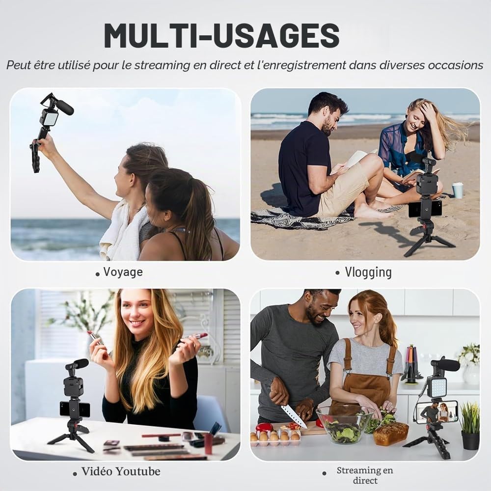 Kit complet de vlogging pour iPhone et Android : kit de démarrage YouTube avec microphone, lumière LED, trépied, télécommande – Perfect Studio Creator Video Maker pour YouTube, Instagram, Facebook