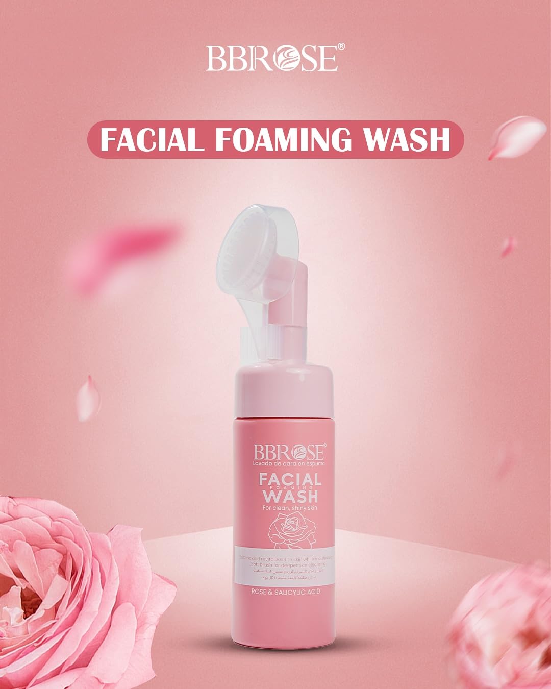 BBROSE Rose Foaming Facial Wash with Brush, 150ml – Gentle Cleanser for Soft, Hydrated & Radiant-Looking Skin – Sulfate & Paraben-Free