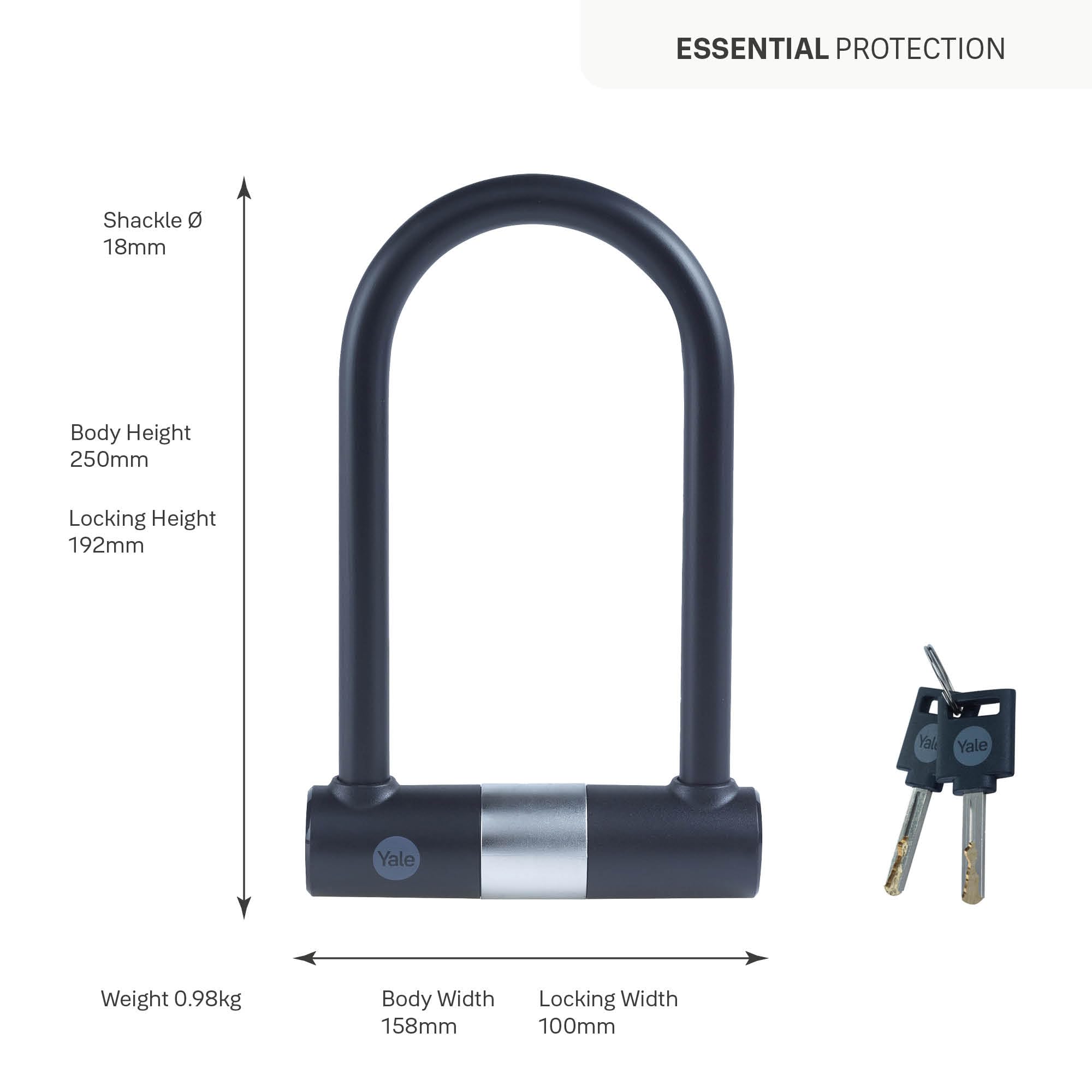 Yale Antivol en U Vélo YUL0/18/192/2 - Acier Trempé Résistant à la Coupe, Anse Ø18 mm, 2 Clés, Support Vélo Inclus, Résistance à la Corrosion 96h, Sécurité Quotidienne pour Vélo et Trottinette