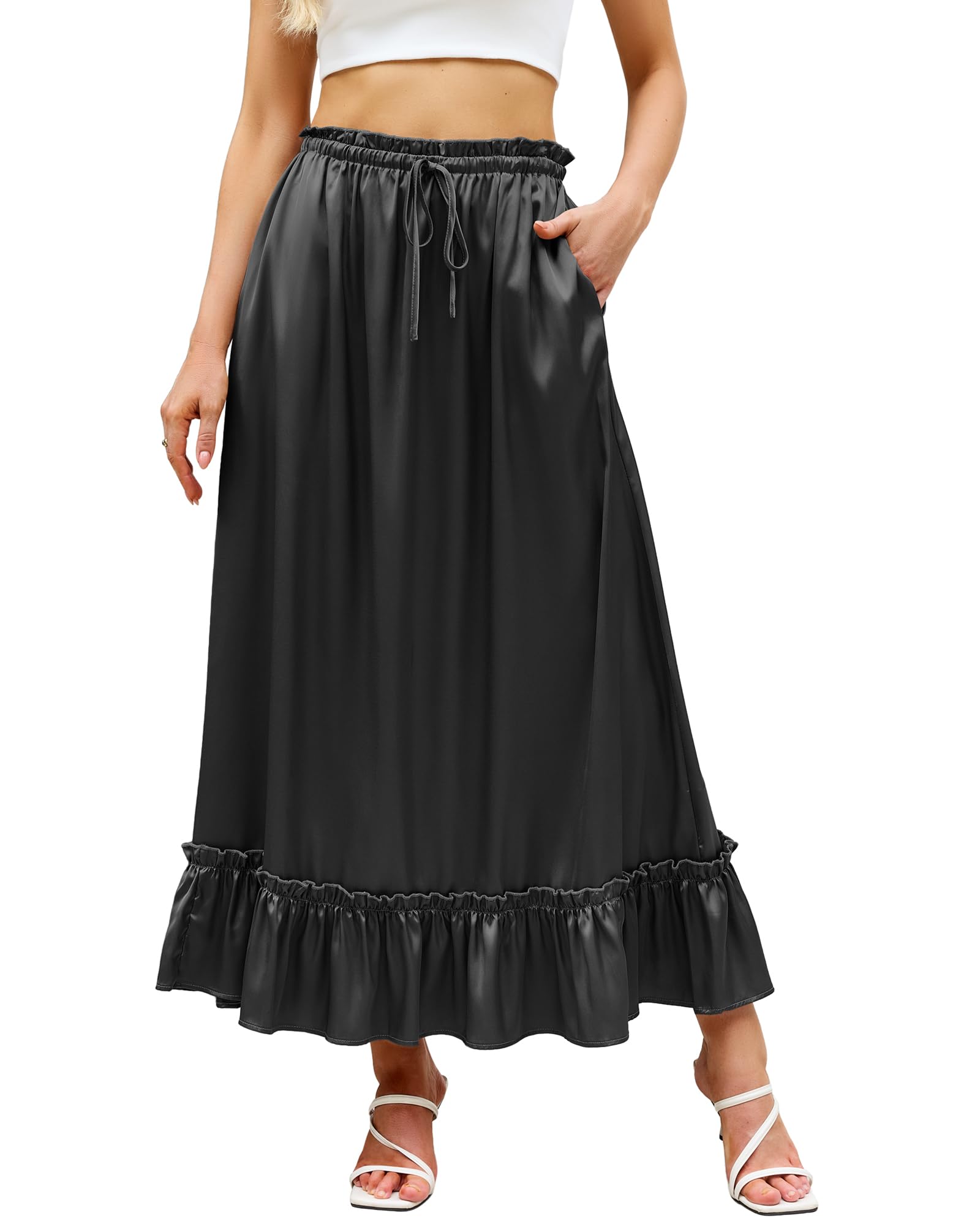 Bsubseach Satin Maxi Skirts for Women Ruffle Long Skirt with Pockets Black