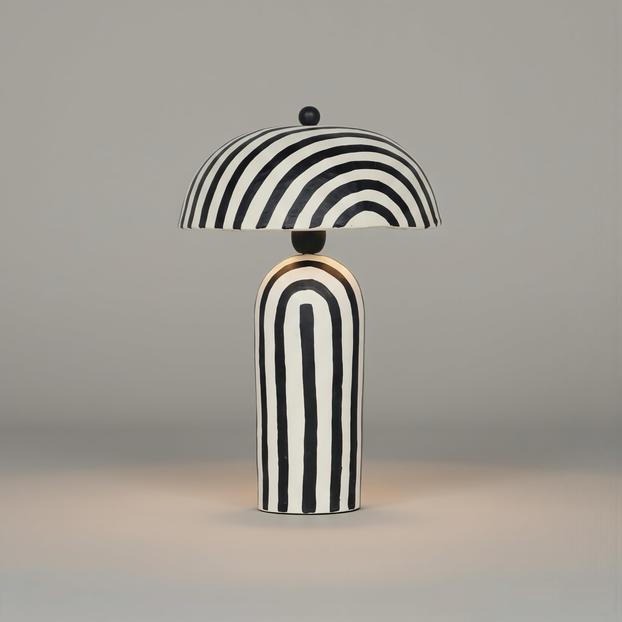 Paper Mache Table Lamp, Handcrafted Artistic Dome, White and Black Striped Pattern, E27 Bulb Compatible, 40cm Height x 28cm Width-image-46