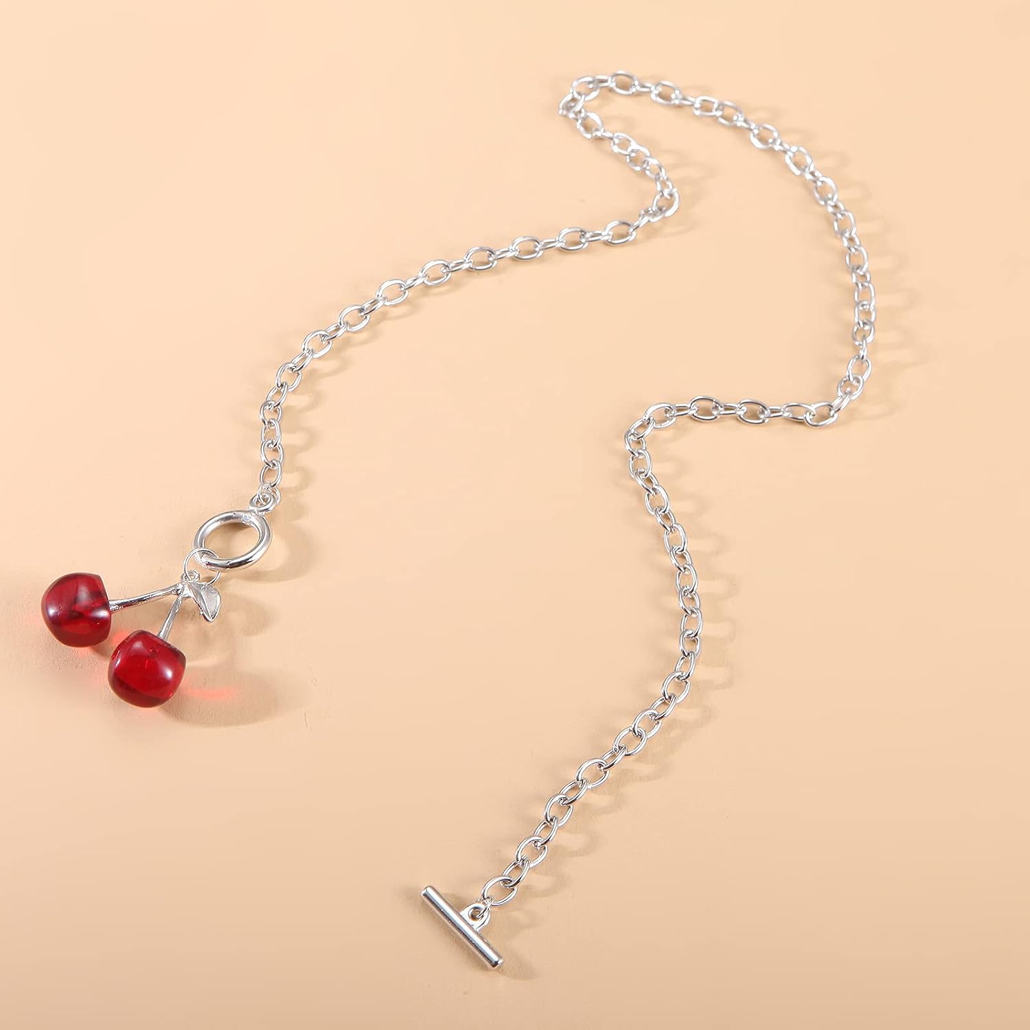 3PC Punk Cherry Pendant Jewelry Gothic Silver Chain Cherry Pendant Necklace Earrings Bracelet Women's Punk Jewelry
