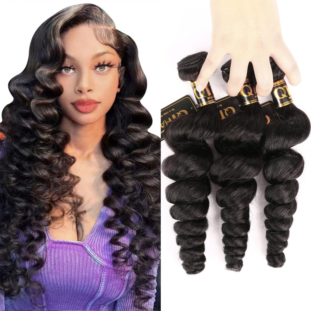 QTHAIR Grade Brazilian Loose Wave Human Hair Bundles Weave Hair Human Brazilian Virgin Hair For African Americans Women 3 Bundles Total 300g/10.5oz (10" 12" 14") Inch