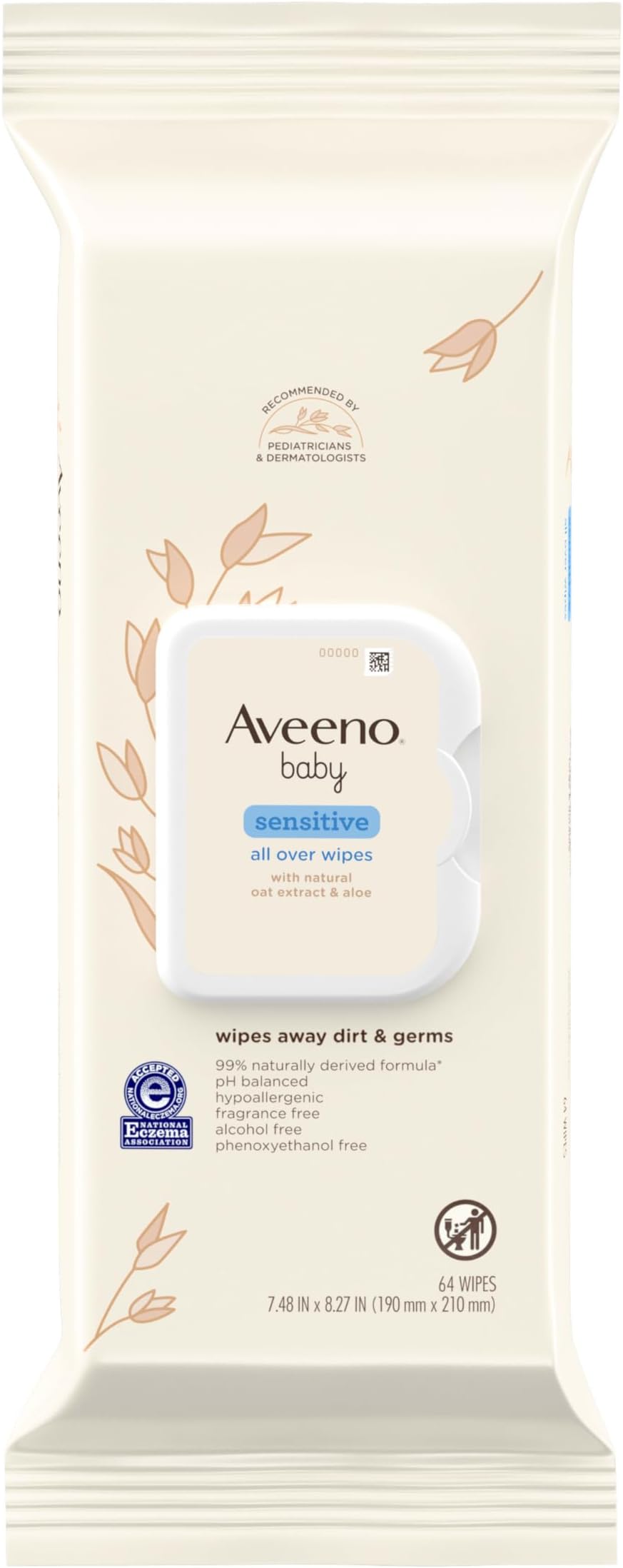 Sensitive All Over Wipes with Aloe & Natural Oat Extract for Face, Bottom, Hands & Body, pH-Balanced, Hypoallergenic, Fragrance-, Phenoxyethanol- & Alcohol-Free, 64 ct per pack