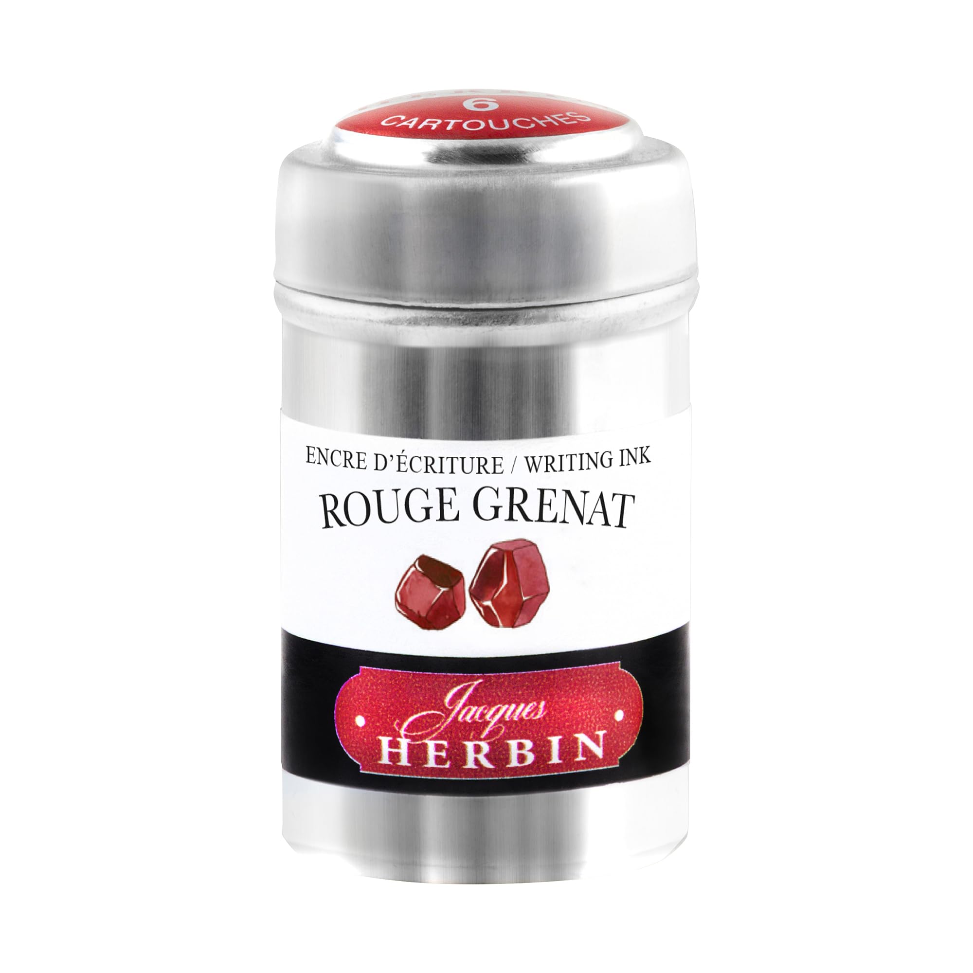 Jacques Herbin 20129T - A box of 6 ink cartridges for fountain pens and rollerball pens (packaging-free product - zero-waste objective), - Rouge Grenat