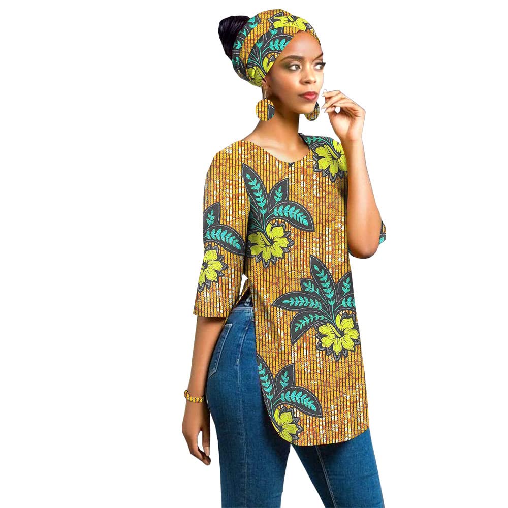 RealWaxDashiki for Women Ankara Shirt Tops with Turban Headwrap Earrings + Bracelet Four Pieces Set