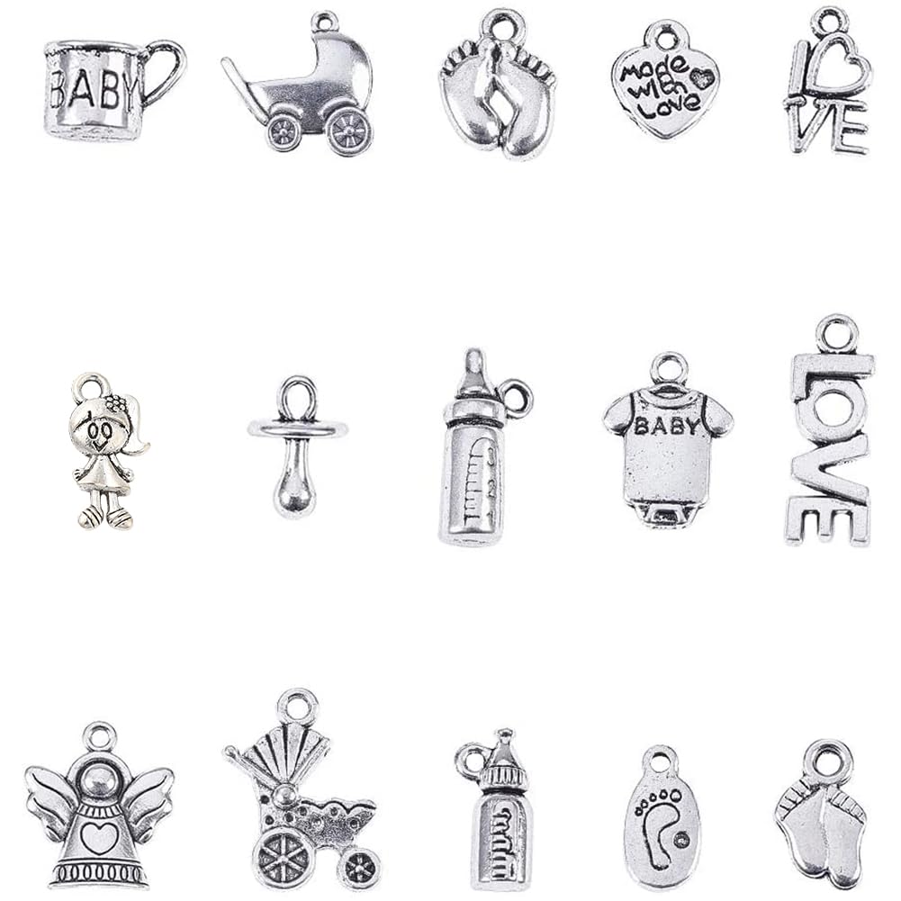 NBEADS 90Pcs Tibetan Style Alloy Pendants, 15 Styles Antique Silver Charms for Birth Christening Shower Gifts Making, Mixed Shapes, Antique Silver