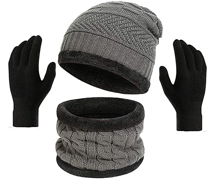 Winter Knit Beanie Hat, Neck Warmer Scarf, and Touchscreen Gloves Set, Grey and Black, 3-Piece Cold Weather Accessories-image-17