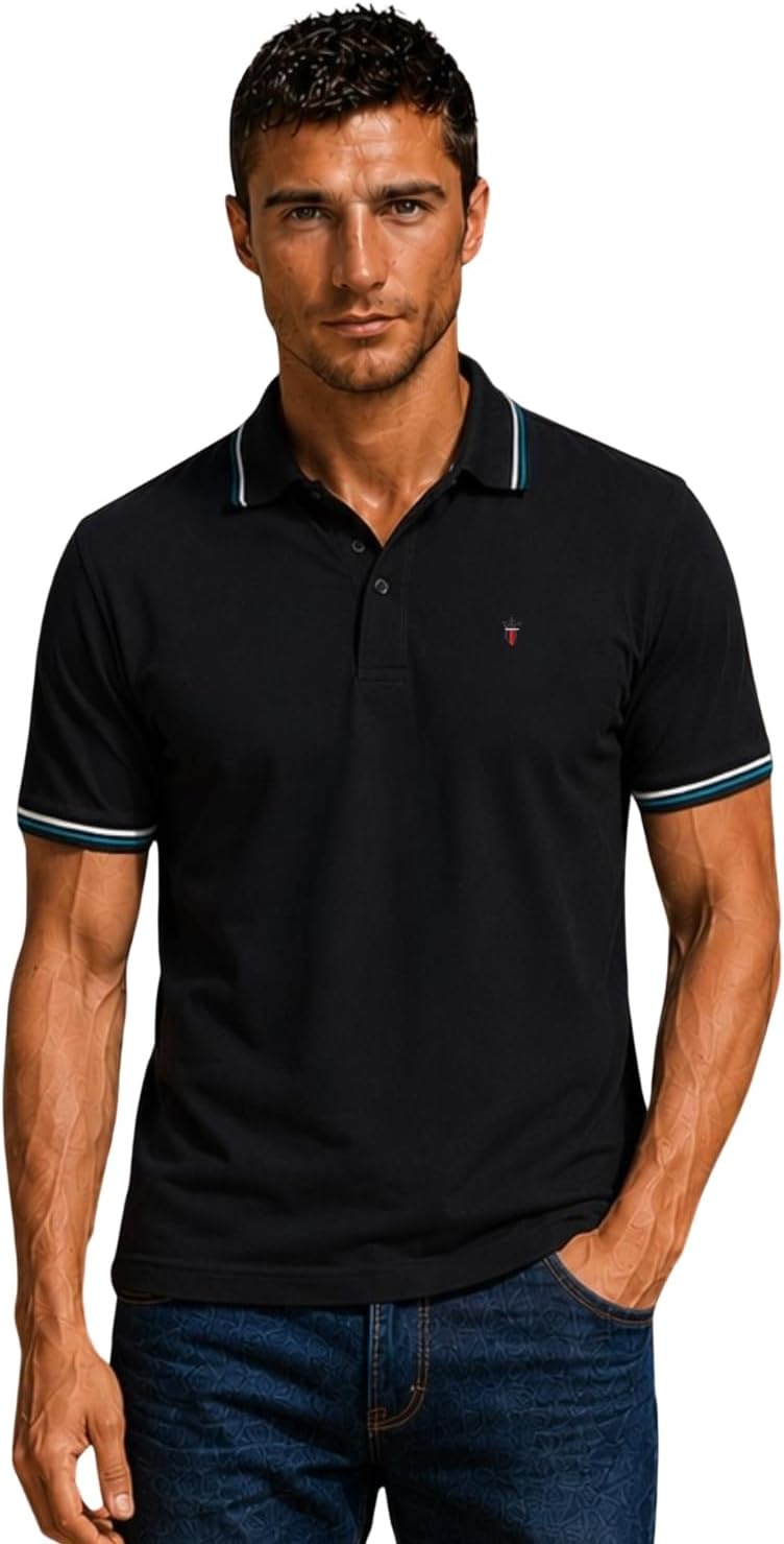 Cotton Men's Slim Fit Textured Collar and Cuff Solid Pique Half Sleeve Polo T-Shirt with Stretch
