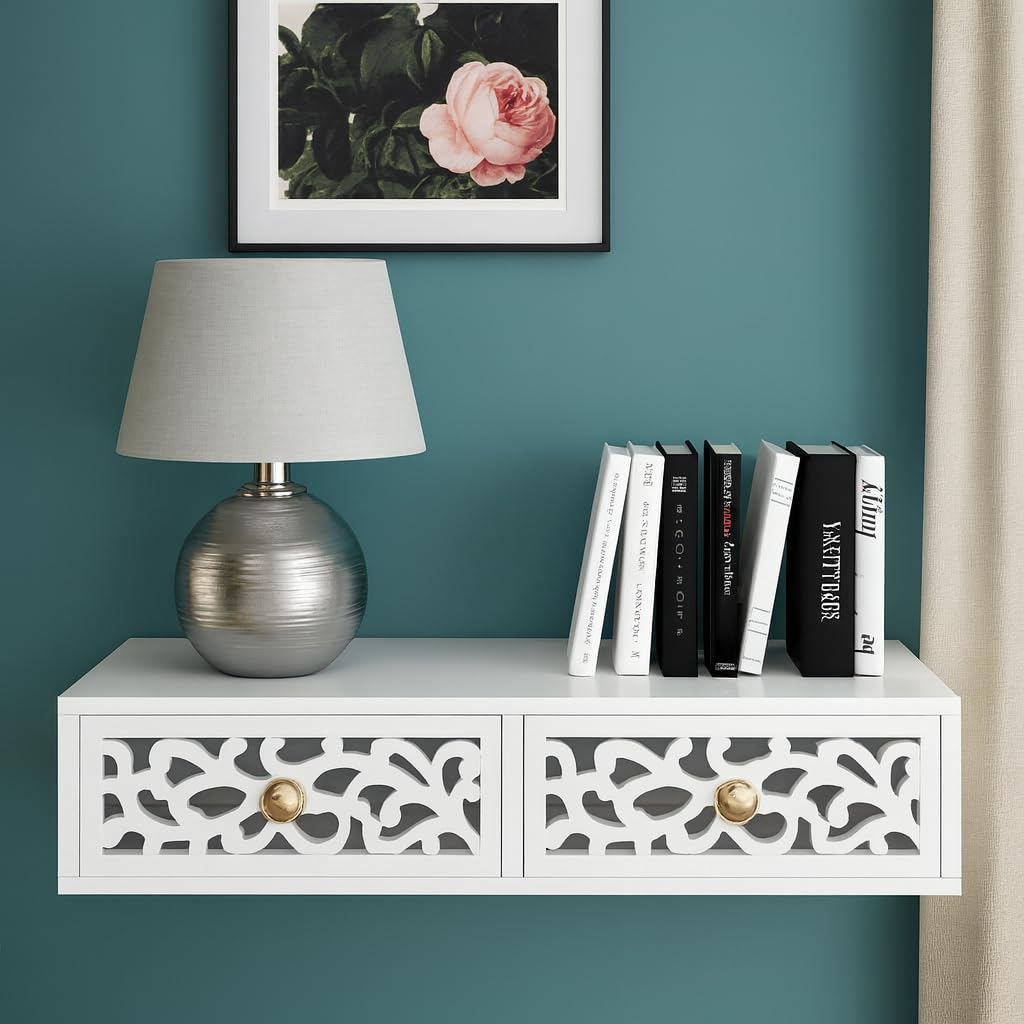 Engineered Wood Floating Nightstand,Wall Mount Shelf With Drawer For Bedroom,Bathroom,Living Room,Kitchen,Floating Shelf For Wood Wall Decor With Drawer (White)