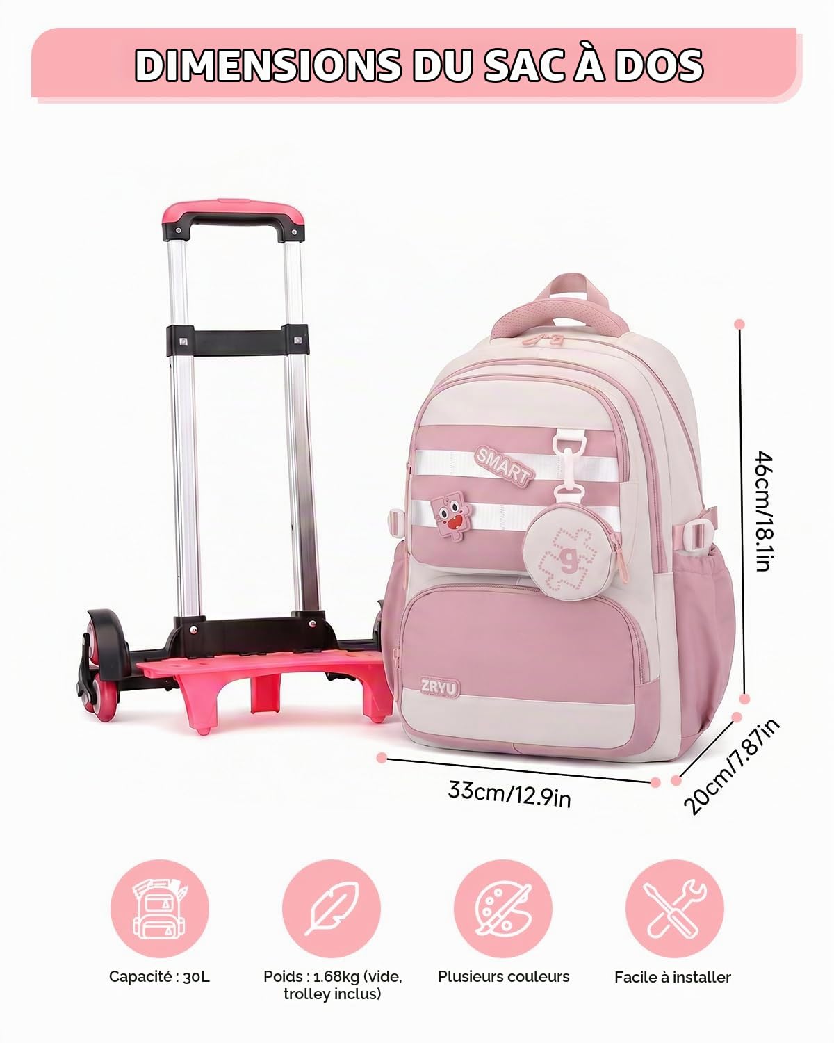 Tanou Cartable a Roulette Fille pour Ecole Primaire et Collège, 30L