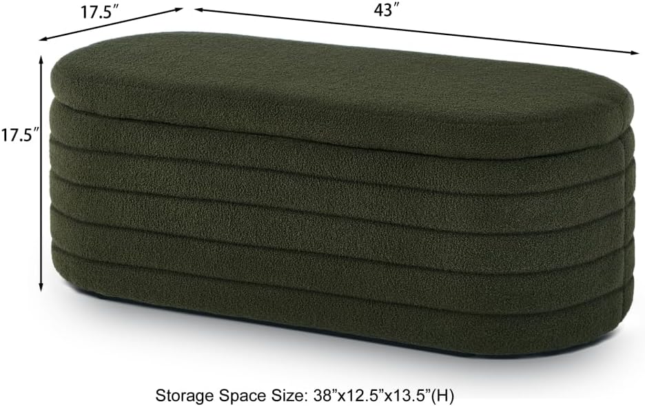 Modern Oval Storage Ottoman Bench, Upholstered Boucle Teddy Fabric End of Bed Bench with Storage, End of Bed Stool with Safety Hinge for Bedroom, Living Room, Entryway, White (Dark Green)