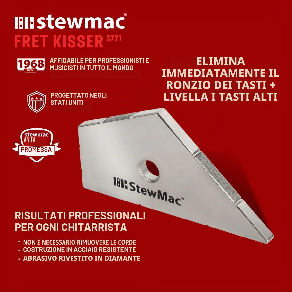 StewMac Fret Kisser, livellatore di precisione per singoli tasti | Rimuove solo il punto alto sotto la corda senza toccare i tasti vicini, eliminando ronzii localizzati e irregolarità.