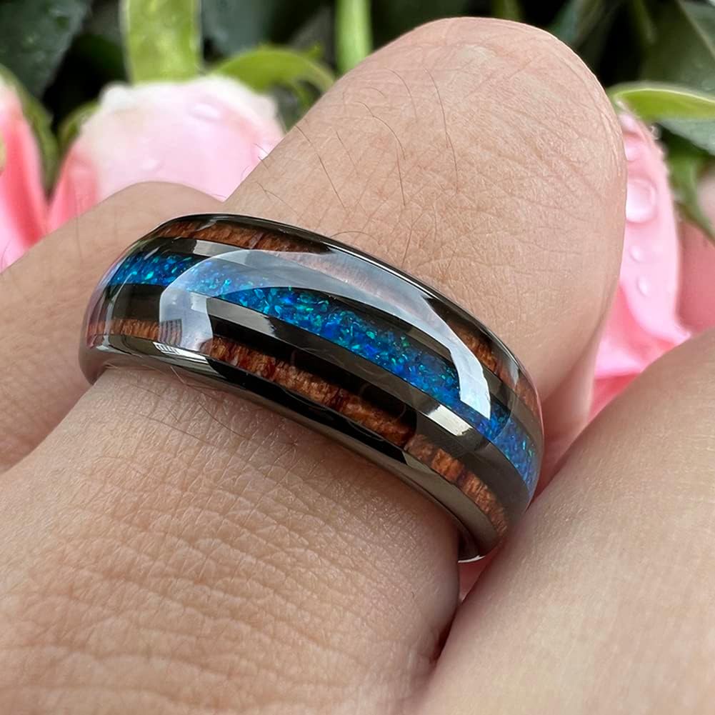 TUTISS 8mm Silver/Black/Gunmetal/Rose Gold Tungsten Rings for Men Women Engagement Wedding Bands Koa Wood Blue Opal Inlay Domed I Love You Engraved Comfort Fit