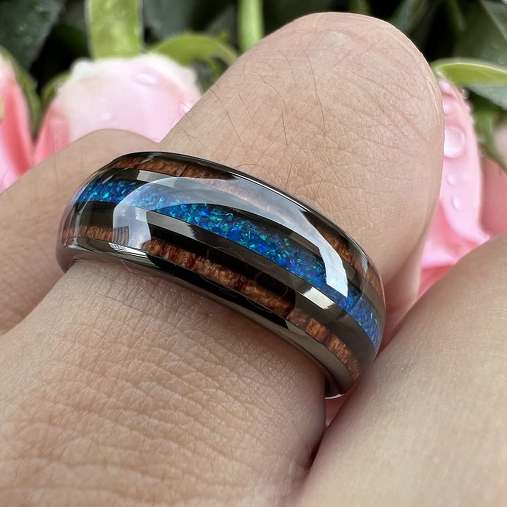 TUTISS Anillos de tungsteno de 8 mm de plata, negro, plomizo, oro rosa, para hombres y mujeres, alianzas de compromiso, alianzas de boda, madera de koa, incrustaciones de ópalo verde, abovedadas