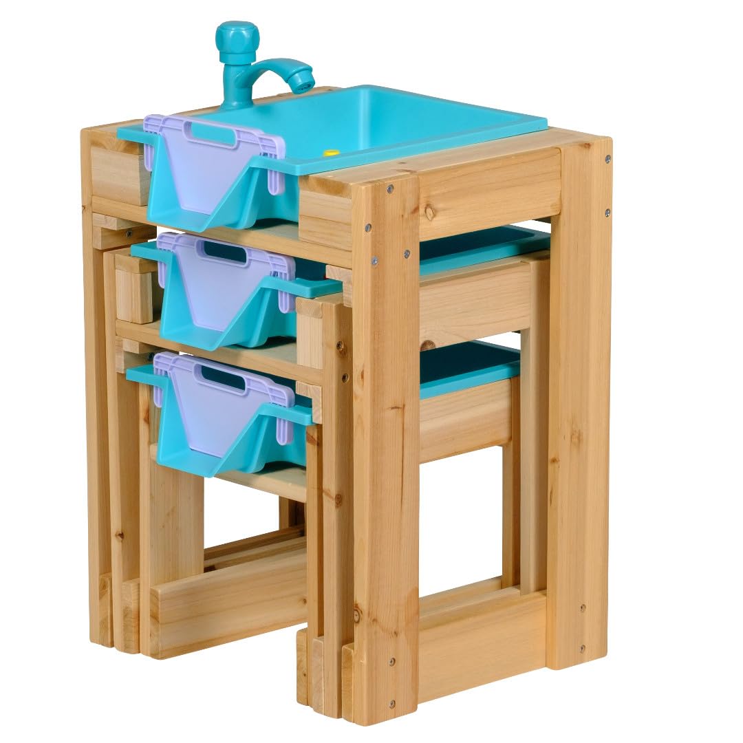 Wasserspieltisch mit Wasserhahn und 3 Boote, Wassertisch Kinder Outdoor aus Naturholz mit Wasserbecken, Schlauchanschluß, 3 Wasserbecken für Wasserfall und Staudamm