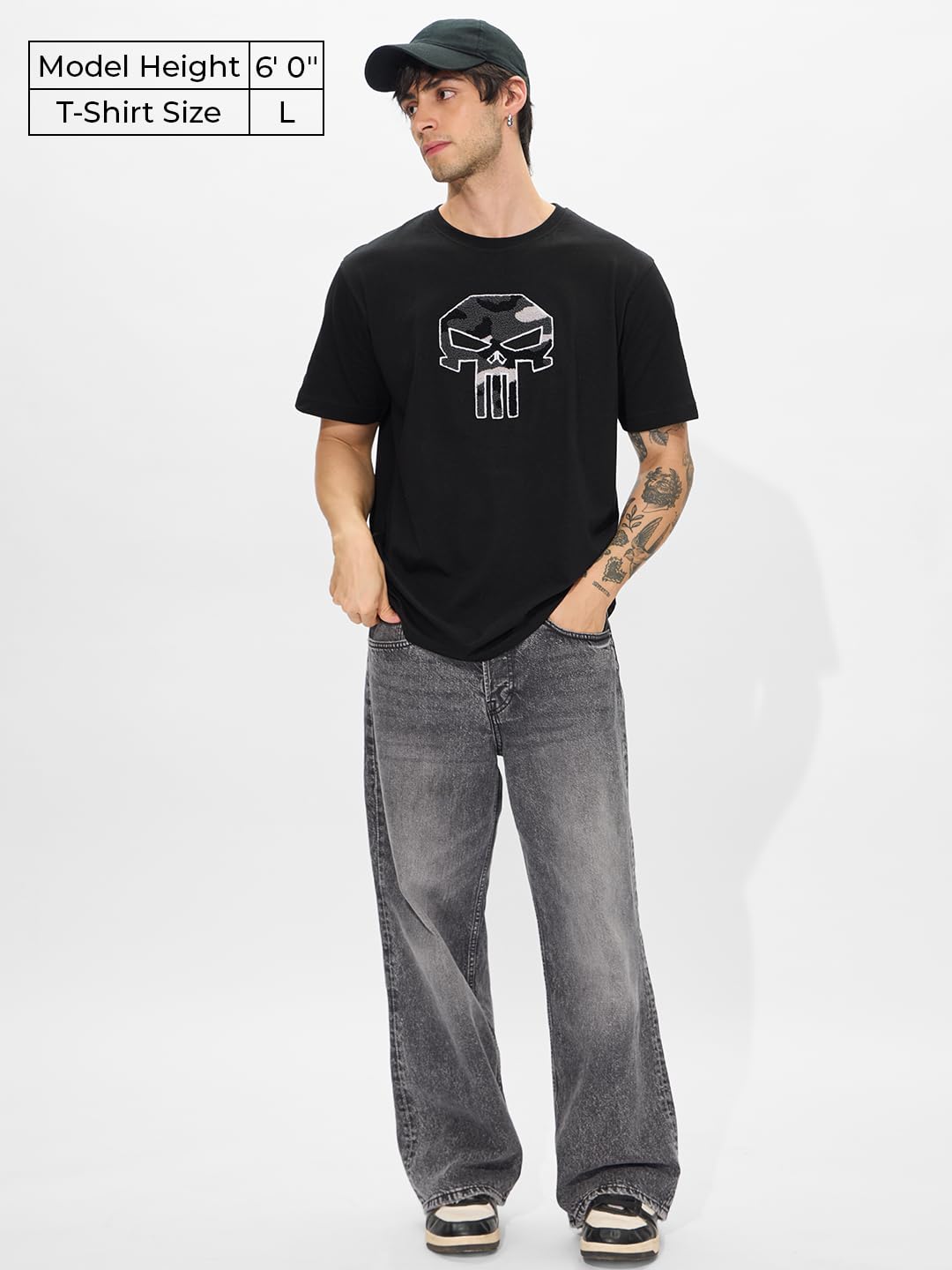 The Souled Store Punisher oficial: It's Time Hombres y Niños Manga Corta Cuello Redondo Negro Bordado Algodón Regular Fit Camisetas