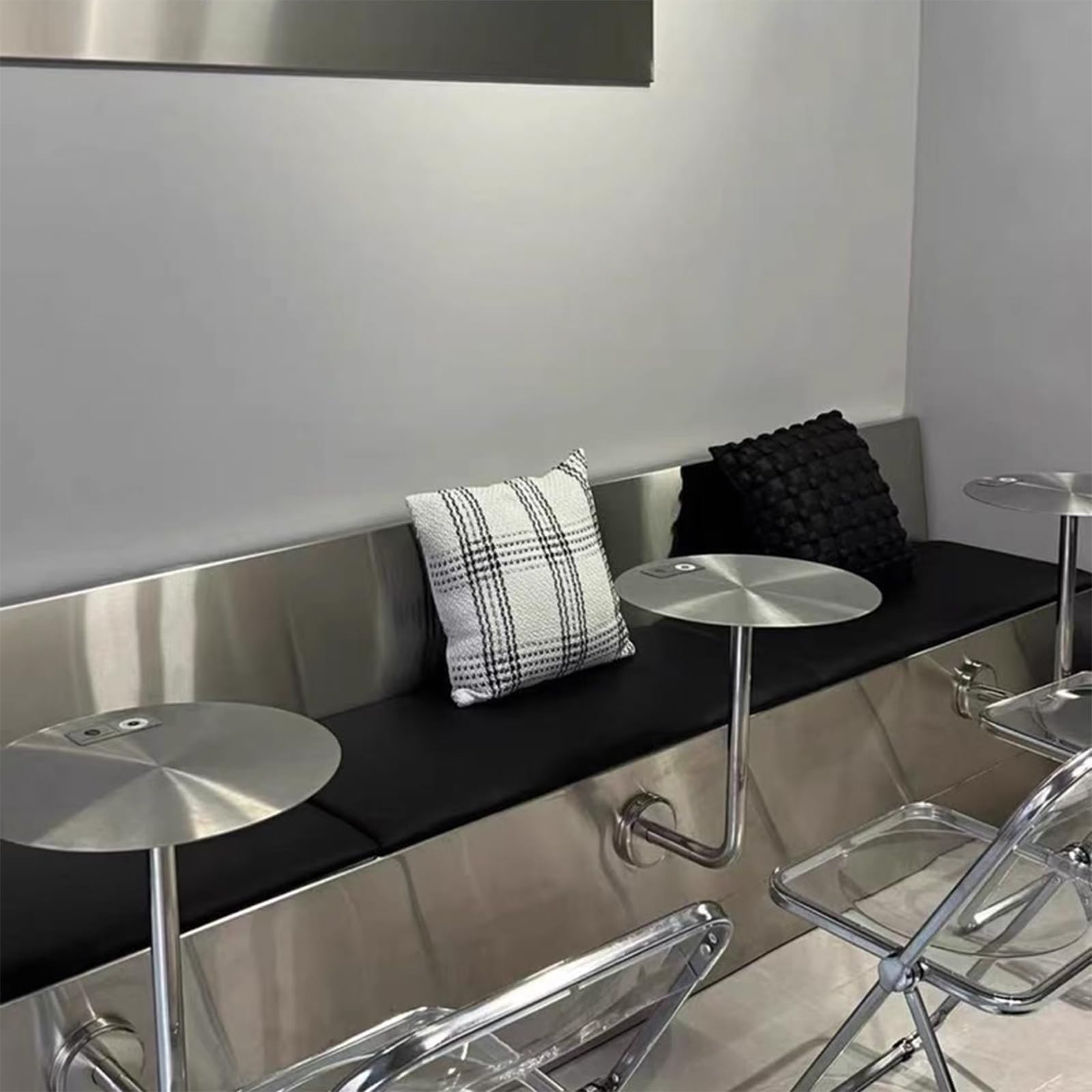 Mesa de centro redonda de pared de acero inoxidable, resistente a los arañazos, diseño que ahorra espacio para salas de estar, cafeterías, bares, cocinas y pasillos, muebles elegantes y funcionales