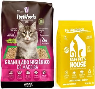 Granulado Higiênico de Madeira IPET Wood'S para Gatos 2kg IPET e Pó Higiênico Easy Pet House Camomila 1Kg