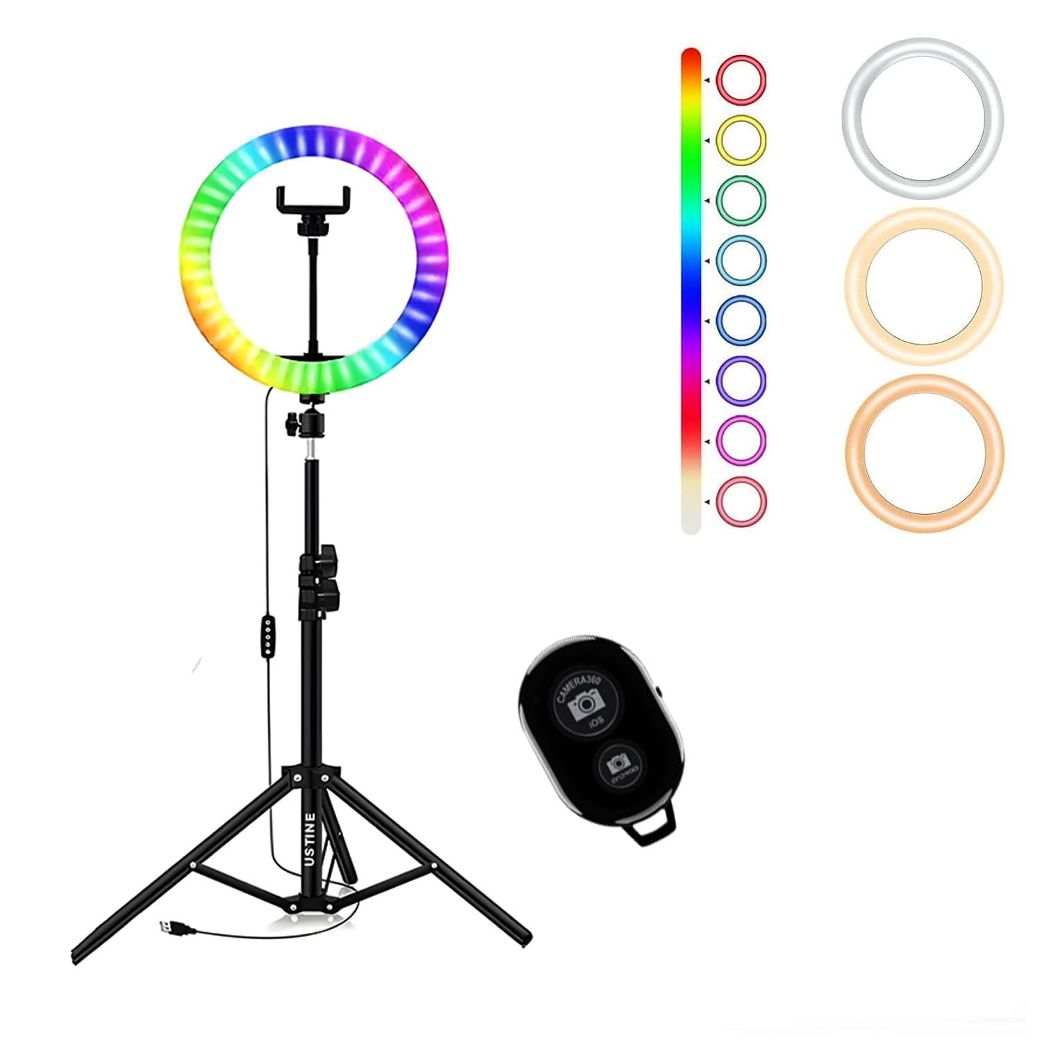 USTINE 10 Inches Big RGB LED Ring Light for Camera, Phone YouTube Video Shooting and Makeup, 7 Feet Long Foldable and Lightweight Tripod Stand (7FT Tripod + 10" RGB Ring Light, BT Remote)