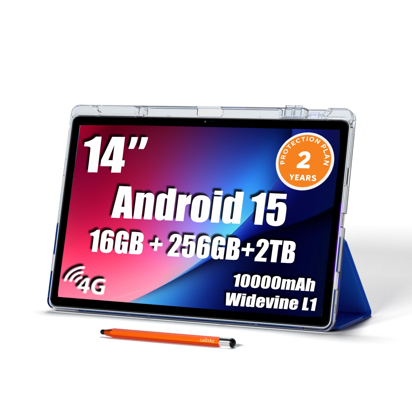 Tableta de pantalla grande de 14 pulgadas, tableta Android 15, 16 GB de RAM, 256 GB de ROM, pantalla IPS FHD de 1920 * 1200, Widevine L1, carga de 10000 mAh, 18 W, Wi-Fi y Bluetooth, 4G LTE, con estuche de soporte y lápiz óptico, protección de 2 años