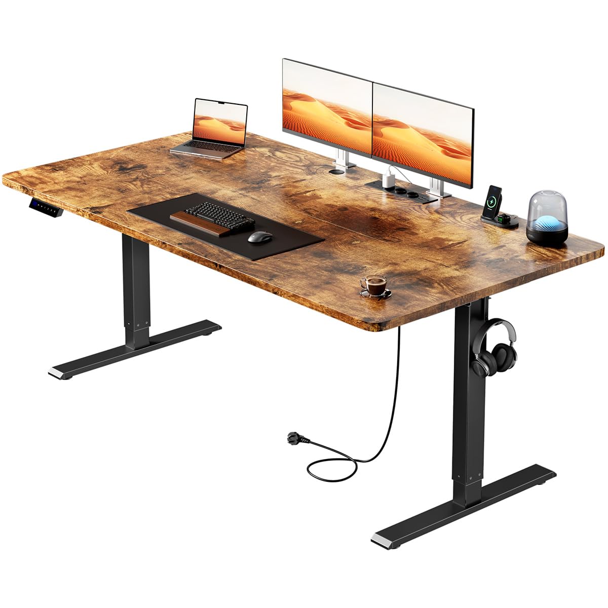 HLFURNIEU Escritorio Elevable Electrico 160 x 80 cm, Mesa Escritorio Elevable con Enchufes y Puertos USB, Mesa Regulable en Altura con 3 Control de Memoria, Standing Desk Marrón Vintage