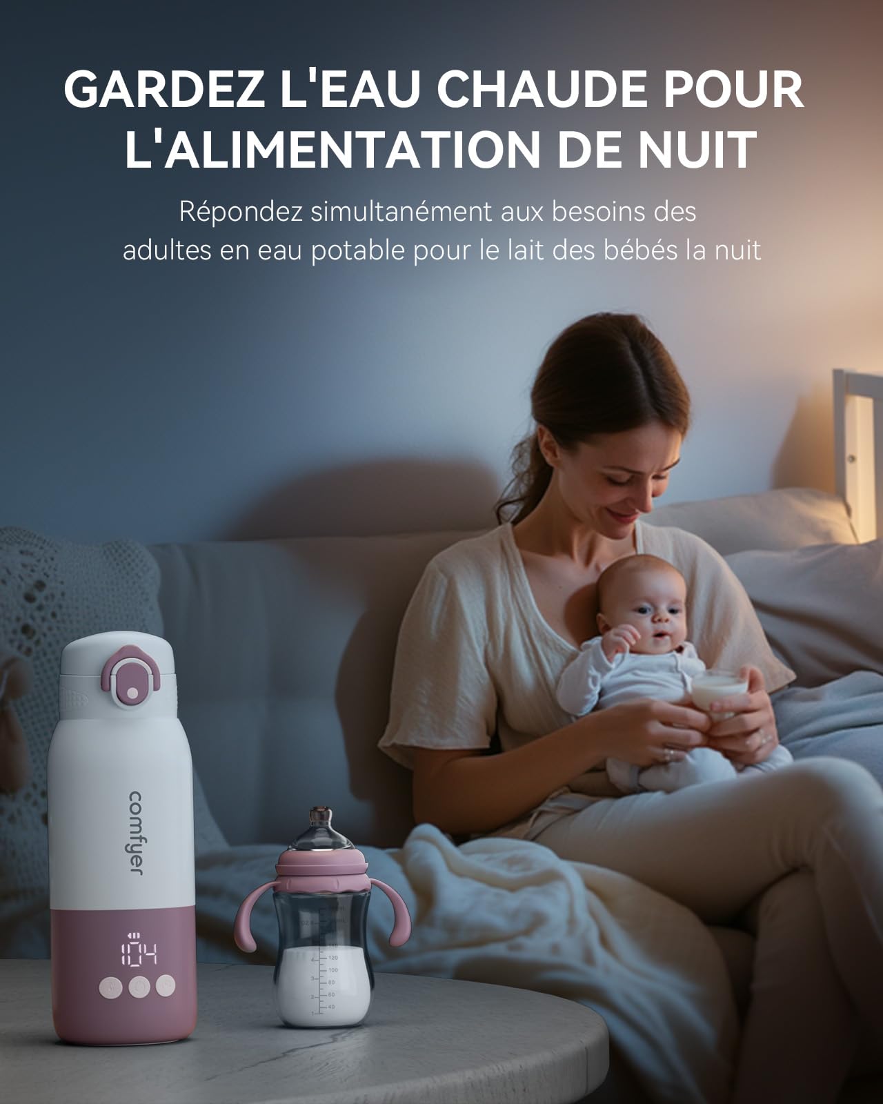 Comfyer BW01 Chauffe Biberon Nomade Portable sans Fil, Chauffage Rapide en 2 Mins pour Lait/Eau, Longue Autonomie 12000 mAh, Température Réglable, Capacité 340 ml, Idéal pour Voyage, Voiture & Avion
