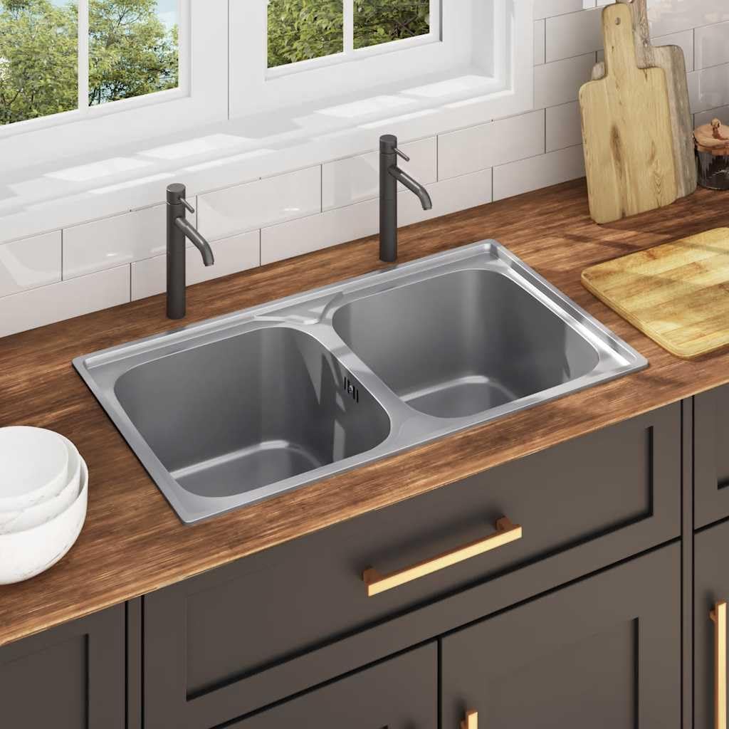 Fregadero doble de acero inoxidable con colador y sifón, doble lavabo extraprofundo para sartenes grandes, resistente a los arañazos, resistente a las manchas, duradero, fácil de limpiar y montar,