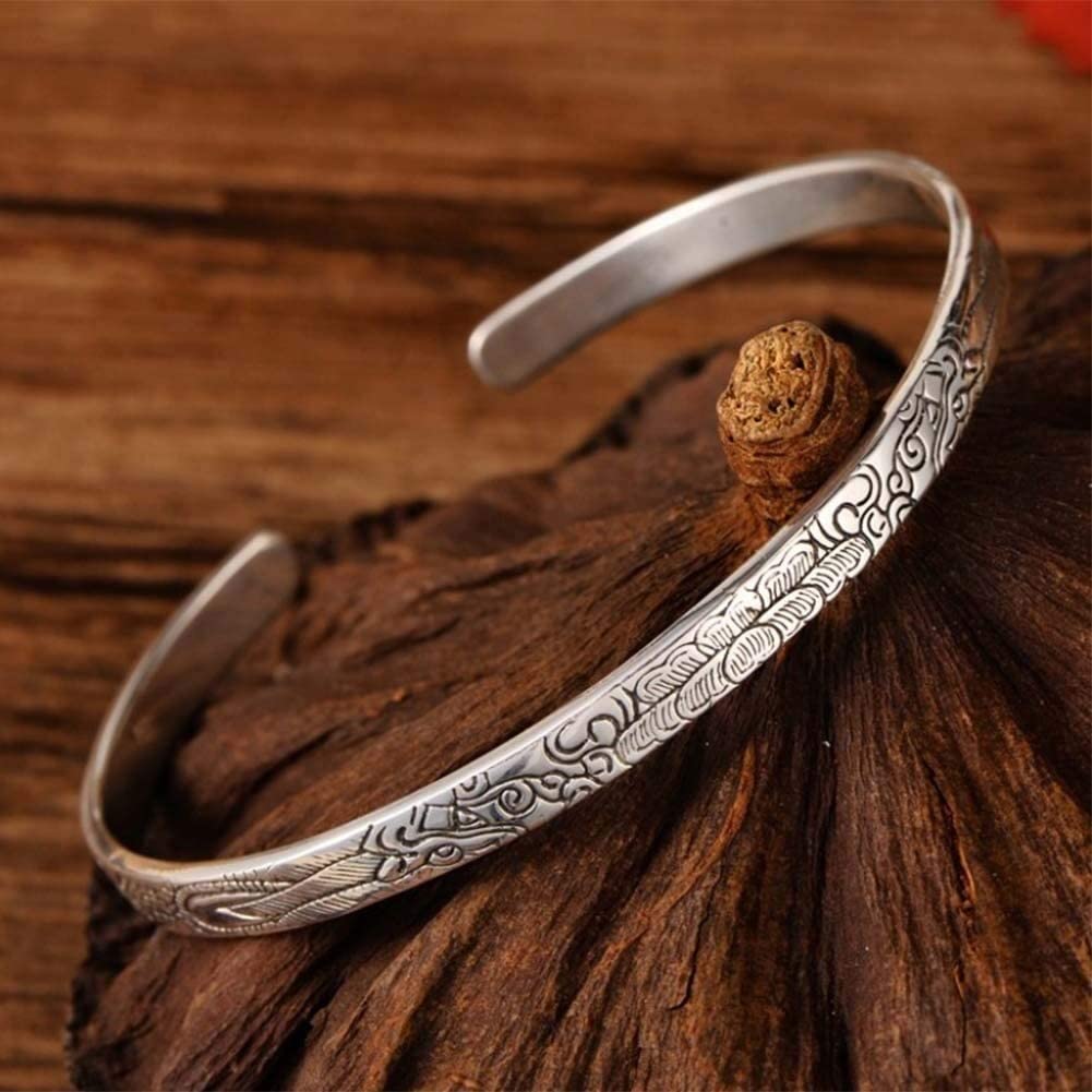 Bracciale Personalizzato, Gioielli da Donna in Stile retrò Cinese in Argento Sterling 925 con Incisione a Fiori Bracciale a Polsino Aperto