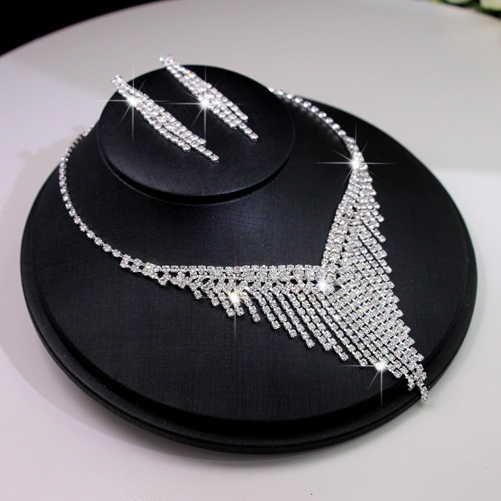 V-Shaped Silver Bridal Wedding Jewelry Set Crystal Necklace Dangle Earrings Set for Bride Bridesmaid Rhinestone Necklace Prom Costume Jewelry Set - Image 4