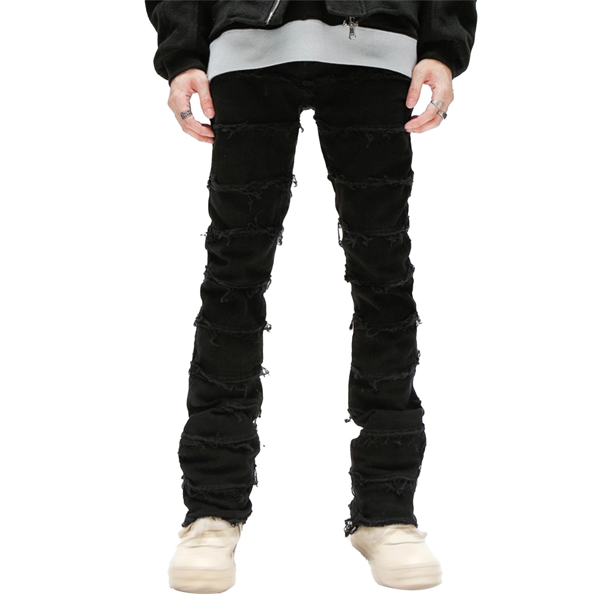 Maiyifu-GJ Jeans for Men Slim Fit Stretch Distressed Patchwork Denim Pants Casual Straight Skinny Denim Trousers (Black2,Medium)