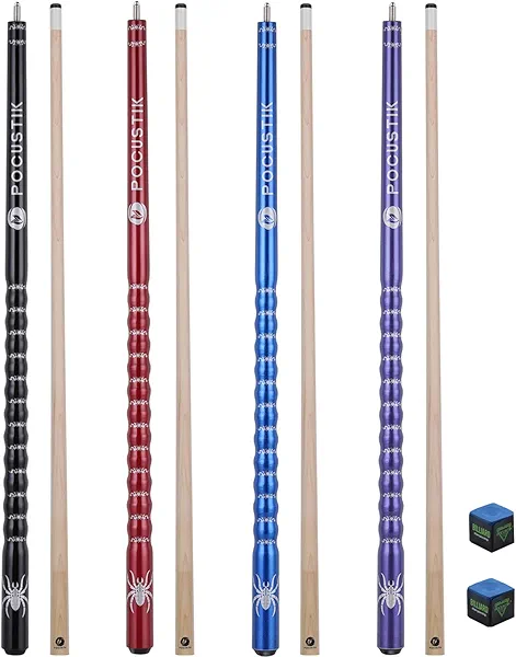 4-Pack Commercial Pool Cue Set - 58" Billiard Sticks 18/19/20/21oz - Hand-Painted Ergonomic Grip, Canadian Maple Shafts, 13mm Tips & 2 Chalks - Complete for Home Bars Purple+Blue+Red+Black
