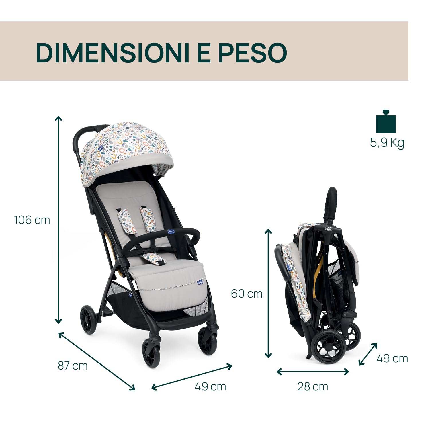 Chicco Glee, Passeggino 0+ Mesi-22 Kg, con Chiusura Automatica e Compatta, Capotte Estensibile con Trattamenti UV50+ Antipioggia, Schienale Reclinabile e Regolabile, Poggiagambe