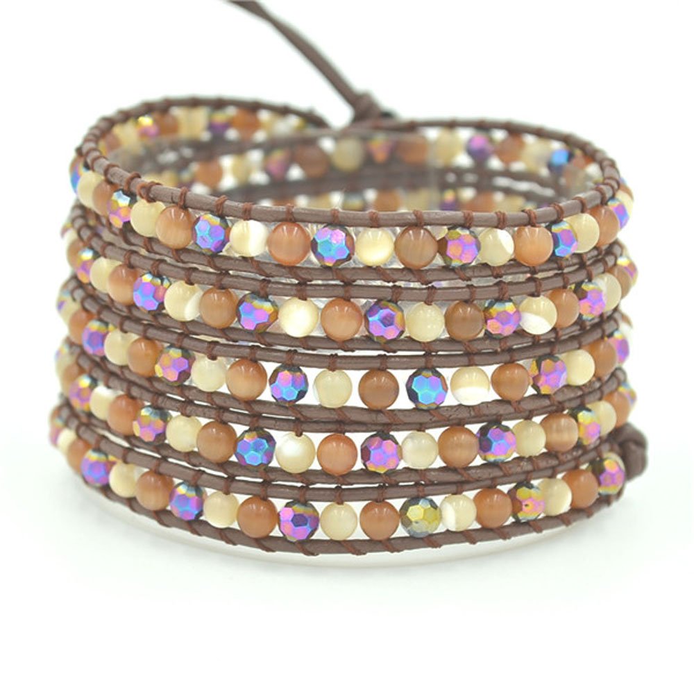 Lin Suu Jewelry Brown Leather Wrap Bracelet Multicolor Beads