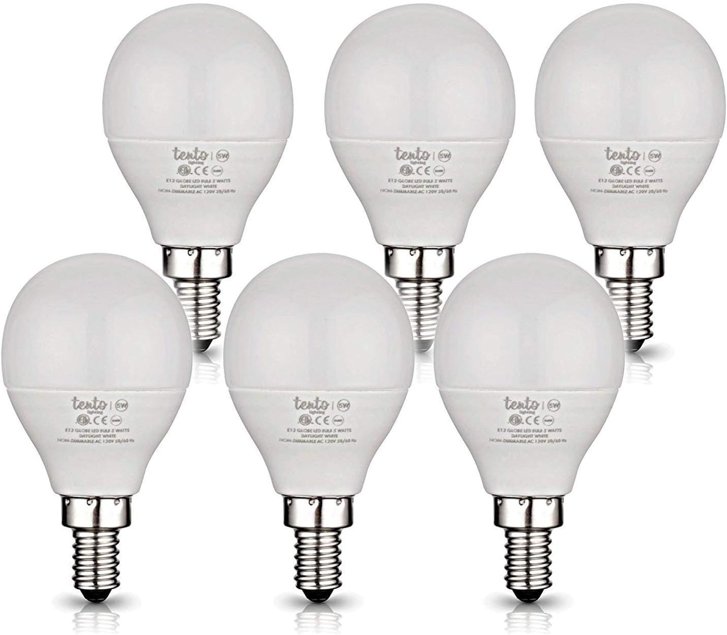 tento E12 LED Bulbs 5w Soft White Small Candelabra Edison Base Globe Shaped Energy Saving Ceiling Fan LED Light Bulbs, Warm White, 240 Degrees Beam Angle 120v 5w 450lm 3000k