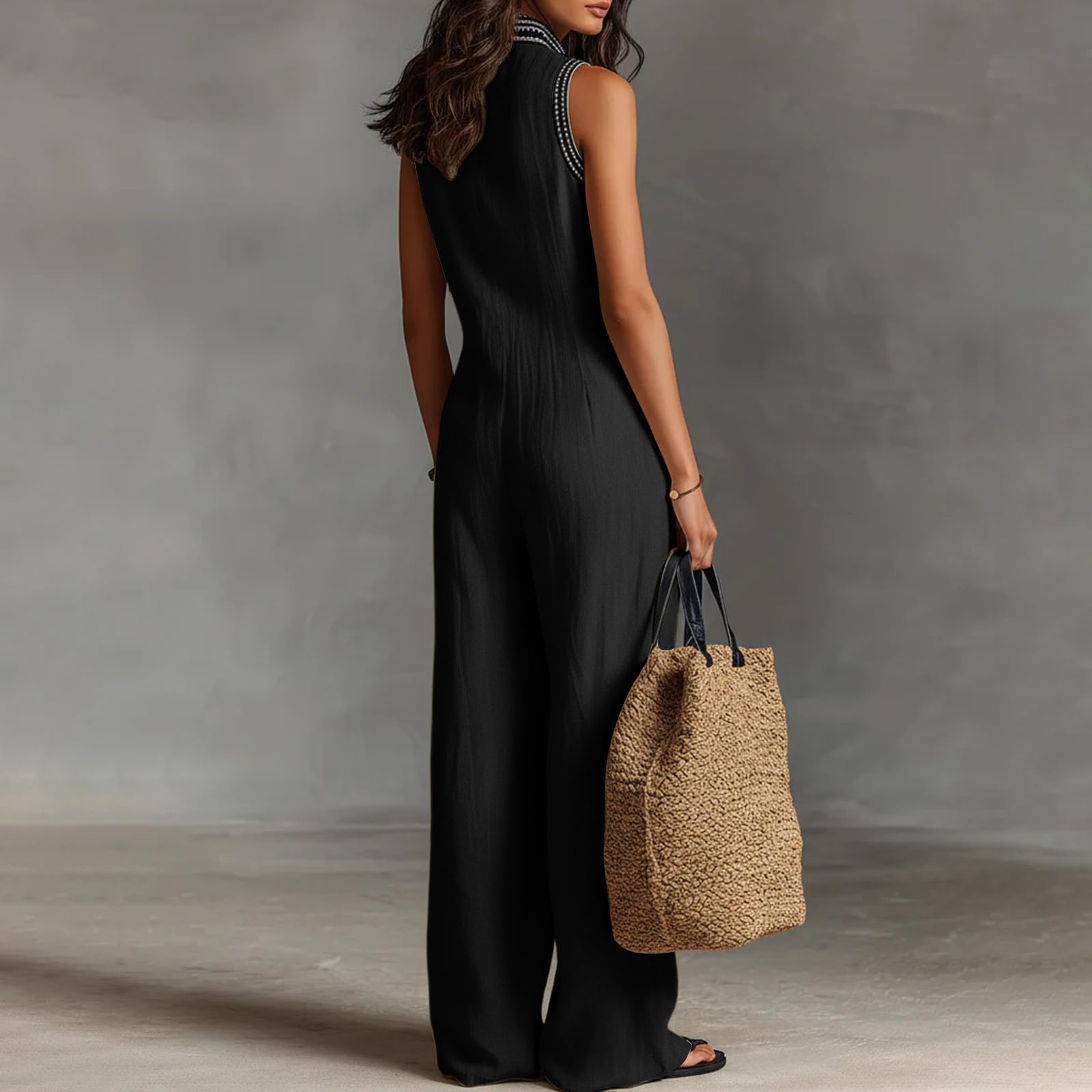 Jumpsuit Damen Sommer Lang Boho Overall Damen Elegant Weites Bein Jumpsuits Ärmellos Overalls V Ausschnitt Playsuit Stehkragen Romper Reißverschluss Vorne Onesie Mit Taschen Locker Einteiler